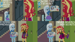 Size: 1280x720 | Tagged: safe, derpibooru import, edit, edited screencap, editor:quoterific, screencap, sunset shimmer, trixie, equestria girls, equestria girls series, forgotten friendship, clothes, cutie mark, cutie mark on clothes, duo, duo female, eyes closed, female, geode of empathy, hallway, jacket, jewelry, leather, leather jacket, lockers, magical geodes, necklace, open mouth, yearbook