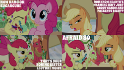 Size: 1280x720 | Tagged: safe, derpibooru import, edit, edited screencap, editor:quoterific, screencap, apple bloom, applejack, big macintosh, granny smith, pinkie pie, earth pony, pony, hearthbreakers, season 5, apple bloom's bow, applejack's hat, bow, clothes, cowboy hat, eyes closed, female, friendship express, hair bow, hat, male, mare, nose in the air, open mouth, smiling, stallion