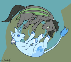 Size: 1823x1600 | Tagged: safe, artist:misskanabelle, derpibooru import, oc, oc only, changeling, pony, unicorn, abstract background, base used, changeling oc, cloven hooves, commission, duo, green changeling, horn, leonine tail, signature, unicorn oc, ych result