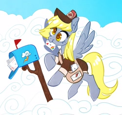 Size: 1745x1642 | Tagged: safe, artist:opalacorn, derpibooru import, derpy hooves, pegasus, pony, cloud, ear fluff, ears, letter, mailbag, mailbox, mailmare, mailmare uniform, mouth hold, solo