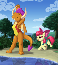 Size: 2400x2687 | Tagged: safe, artist:sirzi, derpibooru import, apple bloom, smolder, dragon, earth pony, pony, beach, clothes, cloud, dragoness, duo, duo female, eyes closed, female, filly, grass, high res, one-piece swimsuit, open mouth, outdoors, sky, stretching, swimsuit, teenaged dragon, tree, water