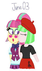 Size: 2000x3345 | Tagged: safe, artist:ktd1993, derpibooru import, sour sweet, watermelody, equestria girls, female, kiss on the cheek, kissing, lesbian, shipping, sourmelody