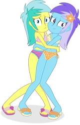 Size: 3678x5697 | Tagged: safe, artist:grapefruitface1, artist:thatusualguy06, derpibooru import, diamond mint, lemony gem, equestria girls, :t, absurd resolution, awkward, base used, belly button, bikini, bra, breasts, cleavage, clothes, duo, duo female, equestria girls-ified, female, flower, flower in hair, frilly underwear, hug, legs together, panties, polka dot underwear, sandals, simple background, sleeveless, striped underwear, swimsuit, transparent background, underwear, vector