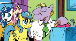 Size: 553x299 | Tagged: safe, artist:andypriceart, derpibooru import, edit, idw, buck withers, lemony gem, princess cadance, shining armor, alicorn, earth pony, pony, unicorn, neigh anything, spoiler:comic, spoiler:comic12, clothes, comic, cropped, duo focus, female, lemonywithers, male, mare, official comic, one eye closed, shiningcadance, shipping, shirt, stallion, straight, wink