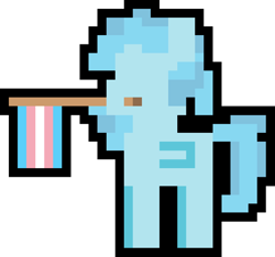 Size: 1000x935 | Tagged: safe, artist:switcharoo, derpibooru import, oc, oc only, oc:ice cube, pegasus, pony, female, flag, holding a flag, mare, mouth hold, pegasus oc, pixel art, pixl pony, pride, pride flag, simple background, transgender, transgender pride flag, transparent background