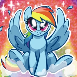 Size: 2048x2048 | Tagged: safe, artist:pfeffaroo, derpibooru import, part of a set, rainbow dash, pegasus, pony, abstract background, cute, dashabetes, female, full face view, glitter, high res, looking at you, mare, outline, sitting, smiling, solo, sparkles, spread wings, white outline, wings