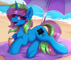 Size: 1900x1600 | Tagged: safe, artist:shadowreindeer, derpibooru import, oc, oc only, pony, unicorn, beach, beach towel, chest fluff, commission, eye clipping through hair, female, looking at you, mare, open mouth, smiling, smiling at you, solo, sunscreen, towel, umbrella, underhoof, water, ych result