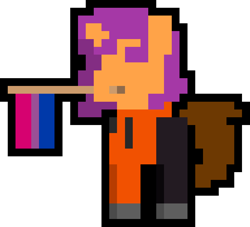 Size: 1000x906 | Tagged: safe, artist:switcharoo, derpibooru import, oc, oc only, pony, unicorn, bisexual, bisexual pride flag, clothes, female, flag, holding a flag, hoodie, horn, mare, mouth hold, pants, pixel art, pixl pony, pride, pride flag, shoes, simple background, transparent background, trousers, unicorn oc