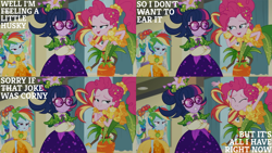 Size: 1280x721 | Tagged: safe, derpibooru import, edit, edited screencap, editor:quoterific, screencap, pinkie pie, rainbow dash, sci-twi, sunset shimmer, twilight sparkle, better together, equestria girls, holidays unwrapped, cornucopia costumes, crossed arms, eyes closed, female, o come all ye squashful, open mouth, smiling