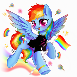 Size: 2048x2048 | Tagged: safe, artist:meqiopeach, derpibooru import, rainbow dash, pegasus, pony, backwards cutie mark, big eyes, blushing, clothes, colored pupils, colored wings, cute, dashabetes, emoji, female, flag, fluffy, gay pride flag, happy, looking at you, mare, messy mane, multicolored wings, pride, pride flag, pride month, proud, rainbow, rainbow wings, shirt, simple background, smiling, smiling at you, solo, spread wings, underhoof, white background, wings