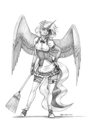 Size: 1000x1369 | Tagged: safe, artist:baron engel, derpibooru import, princess luna, alicorn, anthro, unguligrade anthro, broom, clothes, female, grayscale, hand on hip, looking at you, maid, mare, monochrome, pencil drawing, sketch, solo, stockings, traditional art