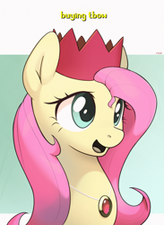 Size: 1655x2266 | Tagged: safe, artist:nookprint, derpibooru import, fluttershy, pony, bust, crossover, female, hat, jewelry, mare, necklace, open mouth, party hat, portrait, runescape, smiling, solo, three quarter view