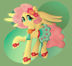 Size: 1280x1178 | Tagged: safe, artist:thelazydumpling, derpibooru import, fluttershy, pegasus, pony, abstract background, clothes, female, flower, flower in hair, gameloft, gameloft interpretation, hoofband, looking at you, mare, raised hoof, raised leg, skirt, smiling, solo, spread wings, standing, three quarter view, wings