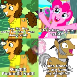 Size: 1280x1280 | Tagged: safe, artist:vectorizedunicorn, derpibooru import, edit, edited screencap, screencap, cheese sandwich, igneous rock pie, pinkie pie, earth pony, pony, pinkie pride, comic, dialogue, female, male, mare, meme, screencap comic, smiling, stallion, you are banging my daughter