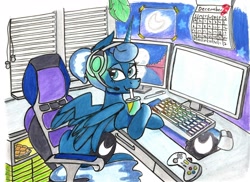 Size: 2340x1700 | Tagged: safe, artist:starpaintart, derpibooru import, princess luna, alicorn, pony, calendar, chair, computer, computer mouse, computer screen, controller, crossed hooves, desk, drink, drinking, female, food, gamer luna, headset, keyboard, looking at you, mare, microwave, pizza rolls, sitting, solo, traditional art
