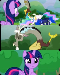 Size: 4096x5120 | Tagged: safe, derpibooru import, edit, edited screencap, editor:zcord, screencap, discord, princess celestia, princess luna, twilight sparkle, twilight sparkle (alicorn), alicorn, draconequus, pony, season 9, the ending of the end, 3 panel comic, absurd resolution, bowing, collage, comic, cropped, crown, female, happy, hoof on chest, jewelry, male, mare, proud, regalia, royal sisters, screencap comic, siblings, sisters, smiling
