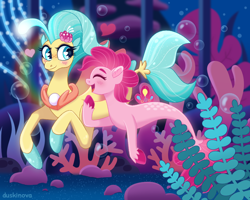 Size: 1000x800 | Tagged: safe, artist:duskinova, derpibooru import, pinkie pie, princess skystar, earth pony, pony, seapony (g4), my little pony: the movie, bioluminescent, blue eyes, blue mane, blushing, bubble, coral, dorsal fin, eyes closed, female, fish tail, flower, flower in hair, flowing tail, freckles, heart, jewelry, lesbian, looking at each other, necklace, ocean, open mouth, open smile, pearl necklace, pink mane, seaponified, seapony pinkie pie, seaquestria, seaweed, shipping, skypie, smiling, species swap, swimming, tail, underwater, water