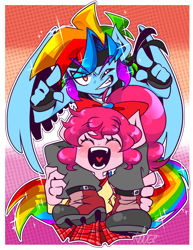 Size: 1024x1324 | Tagged: safe, artist:thegreatrouge, derpibooru import, pinkie pie, rainbow dash, anthro, earth pony, pegasus, alternate hairstyle, boots, bow, clothes, female, fingerless gloves, gloves, grin, hair bow, headband, jacket, leather jacket, lesbian, lesbian pride flag, one eye closed, open mouth, pants, pinkiedash, pride, pride flag, shipping, shirt, shoes, skirt, smiling, t-shirt, tanktop, wink