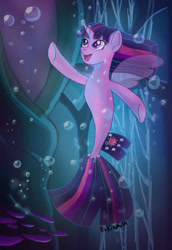 Size: 2013x2930 | Tagged: safe, artist:kiravia28, derpibooru import, twilight sparkle, twilight sparkle (alicorn), alicorn, pony, seapony (g4), bubble, clothes, dorsal fin, female, fin wings, fish tail, flowing mane, flowing tail, high res, horn, looking up, ocean, open mouth, purple eyes, seaponified, seapony twilight, seaquestria, see-through, signature, smiling, solo, species swap, tail, underwater, water, wings