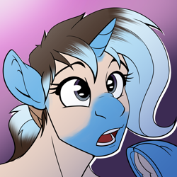 Size: 1280x1280 | Tagged: safe, artist:acesential, artist:tf-sential, trixie, human, pony, unicorn, bust, female, human to pony, open mouth, ponytail, portrait, solo, species swap, transformation, underhoof