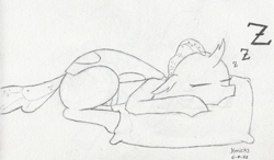 Size: 1081x633 | Tagged: safe, artist:hericks, ocellus, changedling, changeling, cute, doodle, onomatopoeia, pillow, sleeping, solo, sound effects, zzz