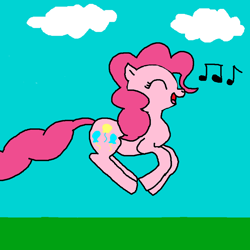Size: 2000x2000 | Tagged: safe, artist:blazewing, derpibooru import, pinkie pie, earth pony, pony, cloud, colored background, drawpile, eyes closed, female, grass, high res, mare, music notes, newbie artist training grounds, open mouth, open smile, outdoors, ponk, pronking, singing, smiling, solo