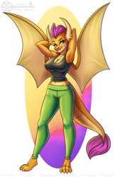 Size: 825x1275 | Tagged: safe, artist:bumblebun, derpibooru import, smolder, anthro, digitigrade anthro, dragon, arm behind head, armpits, breasts, cleavage, clothes, commission, dragoness, female, large wings, lidded eyes, lizard breasts, looking at you, midriff, pants, smiling, smolder-boulders, solo, spread wings, wings