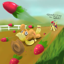 Size: 2000x2000 | Tagged: safe, artist:darksly, derpibooru import, applejack, strawberry sunrise, earth pony, pegasus, pony, honest apple, bullet time, dodge, duo, duo female, female, gun, high res, mare, minigun, newbie artist training grounds, slow motion, spread wings, strawberry savage, the matrix, weapon, wings