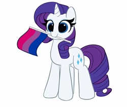 Size: 4096x3456 | Tagged: safe, artist:kittyrosie, derpibooru import, rarity, pony, unicorn, bisexual, bisexual pride flag, cute, female, headcanon, high res, holding a flag, lgbt headcanon, mare, mouth hold, pride, pride flag, raribetes, sexuality headcanon, smiling, solo