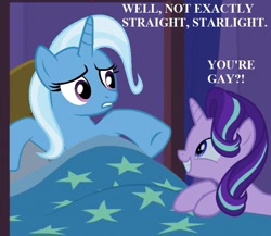 Size: 775x672 | Tagged: safe, artist:90sigma, derpibooru import, edit, edited screencap, screencap, starlight glimmer, trixie, pony, uncommon bond, bed, female, implied shipping, lesbian, shipping, startrix