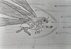 Size: 1024x711 | Tagged: safe, artist:hofdawn, derpibooru import, oc, oc only, pegasus, pony, armor, bullet, charging, doodle, graph paper, helmet, male, newbie artist training grounds, pegasus oc, solo, traditional art