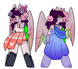 Size: 1268x1132 | Tagged: safe, artist:chyoatas, derpibooru import, oc, oc only, anthro, butterfly, pegasus, amputee, clothes, dress, duo, flower, flower in hair, jewelry, necklace, one eye closed, pegasus oc, prosthetic limb, prosthetics, simple background, smiling, white background, wings, wink