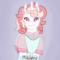 Size: 1280x1280 | Tagged: safe, artist:miniimae, derpibooru import, oc, oc only, pony, unicorn, apron, clothes, femboy, horn, male, smiling, stallion, unicorn oc