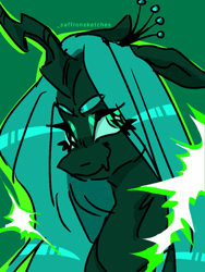 Size: 640x853 | Tagged: safe, artist:saffsketches, derpibooru import, queen chrysalis, changeling, changeling queen, bust, crown, female, jewelry, mare, regalia, simple background, smiling, solo, wingding eyes