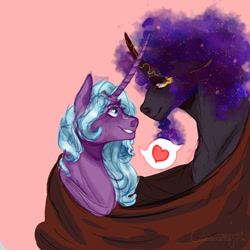 Size: 1280x1280 | Tagged: safe, artist:lambentmlp, derpibooru import, idw, king sombra, radiant hope, pony, umbrum, unicorn, alternate design, cloak, clothes, female, hopebra, horn, horns are touching, looking at each other, male, mare, shipping, simple background, stallion, straight