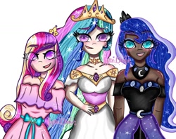 Size: 1080x856 | Tagged: safe, alternate version, artist:_jytte.draw_, derpibooru import, princess cadance, princess celestia, princess luna, human, background removed, clothes, dark skin, dress, ethereal mane, eye clipping through hair, eyelashes, female, hand on hip, humanized, jewelry, open mouth, signature, simple background, starry mane, tiara, white background