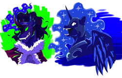 Size: 1280x818 | Tagged: safe, artist:ghost-wants-murder, derpibooru import, king sombra, nightmare moon, alicorn, pony, umbrum, unicorn, armor, bust, cape, clothes, crown, fangs, female, jewelry, looking at you, male, mare, regalia, simple background, stallion, white background