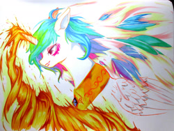 Size: 1280x960 | Tagged: safe, artist:aerolp, derpibooru import, princess celestia, alicorn, pony, alternate hairstyle, armor, female, fire, mare, missing accessory, solo, traditional art