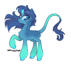 Size: 1280x1280 | Tagged: safe, artist:renhorse, derpibooru import, oc, oc only, pony, unicorn, adoptable, broken horn, cloven hooves, crying, female, horn, leonine tail, mare, solo