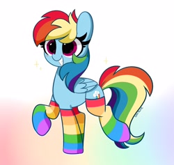 Size: 4096x3890 | Tagged: safe, artist:kittyrosie, derpibooru import, rainbow dash, pegasus, pony, backwards cutie mark, blushing, clothes, cute, dashabetes, female, gradient background, mare, rainbow socks, socks, solo, striped socks, thigh highs