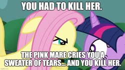 Size: 888x499 | Tagged: safe, derpibooru import, edit, edited screencap, screencap, fluttershy, twilight sparkle, magic duel, season 3, caption, dying for pie, ears, floppy ears, glare, image macro, imgflip, implied crying, implied pinkie pie, meme, roleplay in the comments, spongebob squarepants, text, tranquil fury