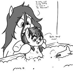 Size: 1200x1200 | Tagged: safe, artist:pony quarantine, derpibooru import, oc, oc only, oc:anon-mare, oc:anonogee, earth pony, pegasus, pony, bath, bath time, bathtub, black and white, dirty, duo, female, filly, freckles, grayscale, magical lesbian spawn, mare, monochrome, mother and child, mother and daughter, offspring, parent and child, parent:oc:apogee, parent:oc:filly anon, parents:oc x oc, simple background, white background