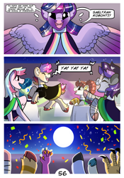 Size: 2100x3000 | Tagged: safe, artist:loryska, derpibooru import, twilight sparkle, twilight sparkle (alicorn), oc, oc:clarabelle, oc:conundrum solar flare, oc:niko, oc:plumeria, alicorn, hybrid, pony, zony, comic:friendship grows, moon, offspring, parent:derpy hooves, parent:doctor whooves, parent:quibble pants, parent:rainbow dash, parents:doctorderpy, parents:quibbledash