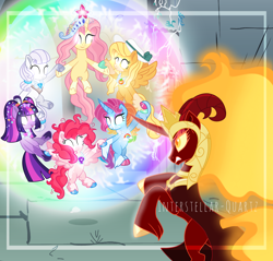 Size: 3840x3670 | Tagged: safe, artist:interstellar-quartz, derpibooru import, applejack, daybreaker, fluttershy, pinkie pie, rainbow dash, rarity, twilight sparkle, pegasus, pony, alternate design, alternate universe, earth pony rarity, earth pony twilight, flapplejack, magic, mane six, pegasus pinkie pie, race swap, unicorn fluttershy, unicorn rainbow dash