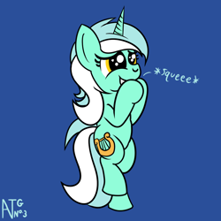 Size: 1200x1200 | Tagged: safe, artist:dafiltafish, derpibooru import, lyra heartstrings, pony, unicorn, bipedal, blue background, female, mare, natg 2021, simple background, solo, squee, standing, standing on one leg
