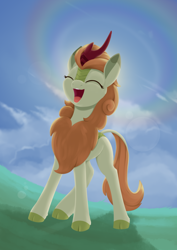 Size: 988x1394 | Tagged: safe, artist:dusthiel, derpibooru import, autumn blaze, kirin, atg 2021, eyes closed, female, newbie artist training grounds, open mouth, open smile, outdoors, smiling, solo