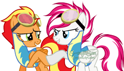 Size: 1222x699 | Tagged: safe, artist:pegasski, artist:s-oujiisan, derpibooru import, oc, oc only, oc:cherry flames, oc:firefoot, pegasus, pony, base used, clothes, female, goggles, mare, simple background, transparent background, uniform, watermark, wonderbolt trainee uniform