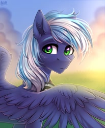 Size: 1690x2048 | Tagged: safe, artist:hakaina, derpibooru import, oc, oc only, oc:moonlight drop, pegasus, pony, headphones, looking at you, looking back, looking back at you, male, solo, spread wings, stallion, wings