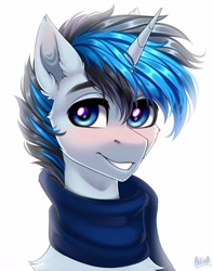 Size: 3000x3800 | Tagged: safe, artist:hakaina, derpibooru import, oc, oc only, oc:solar gizmo, pony, unicorn, blushing, clothes, looking at you, male, scarf, simple background, smiling, stallion, white background