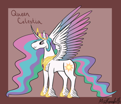 Size: 1750x1500 | Tagged: safe, artist:misskanabelle, derpibooru import, princess celestia, alicorn, pony, abstract background, feathered fetlocks, female, horn, jewelry, mare, peytral, signature, solo, story included, tiara, wings